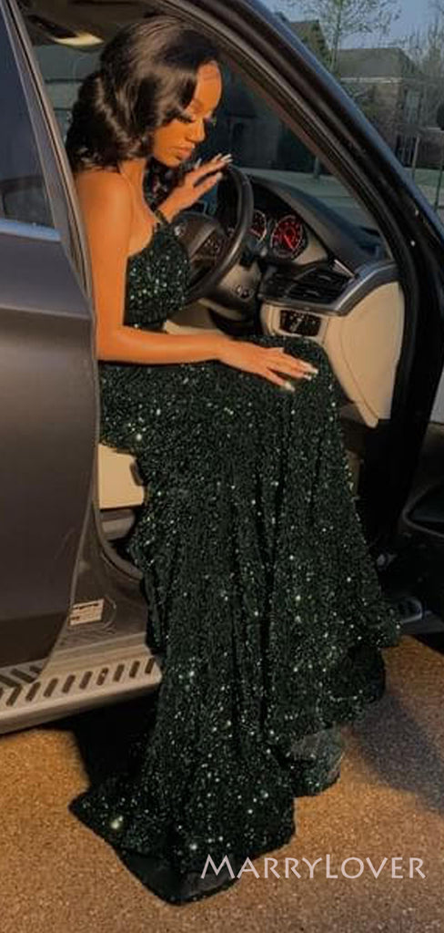 Strapless Dark Green Sequins Long Evening Prom Dresses, Mermaid Prom Dress, MR8952