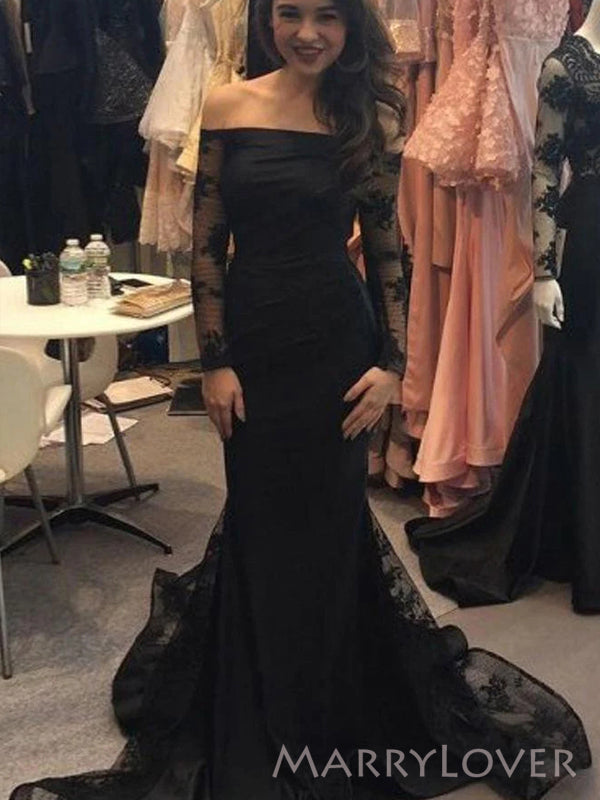 Off Shoulder Mermaid Long Sleeves Long Evening Prom Dresses, Black Prom Dress, MR8953