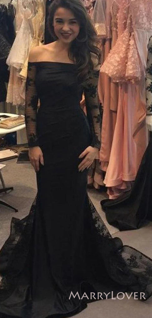 Off Shoulder Mermaid Long Sleeves Long Evening Prom Dresses, Black Prom Dress, MR8953