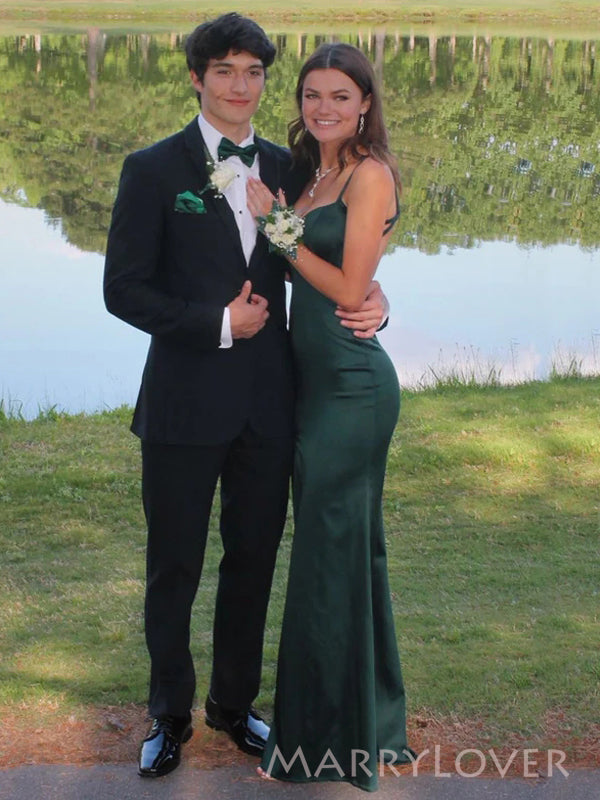 Spaghetti Straps Mermaid Emerald Green Satin Long Evening Prom Dresses, Backless Prom Dress, MR8954