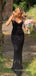 Black Sparkly Mermaid Long Evening Prom Dresses, Spaghetti Straps V-neck Prom Dress, MR8955