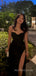 High Slit Black Satin Mermaid Spaghetti Straps Long Evening Prom Dresses, Sweetheart Prom Dress, MR8956