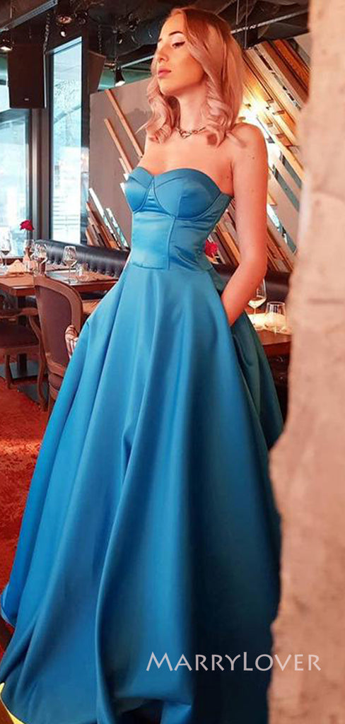 Strapless Blue Satin A-line Long Evening Prom Dresses, Sweetheart Custom Prom Dress, MR8958