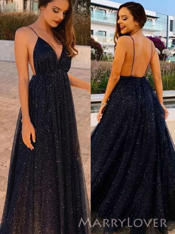 Sparkly Navy Blue A-line Long Evening Prom Dresses, Spaghetti Straps V-neck Prom Dress, MR8961