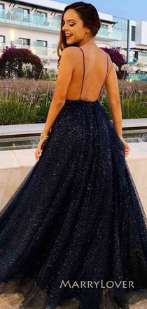 Sparkly Navy Blue A-line Long Evening Prom Dresses, Spaghetti Straps V-neck Prom Dress, MR8961