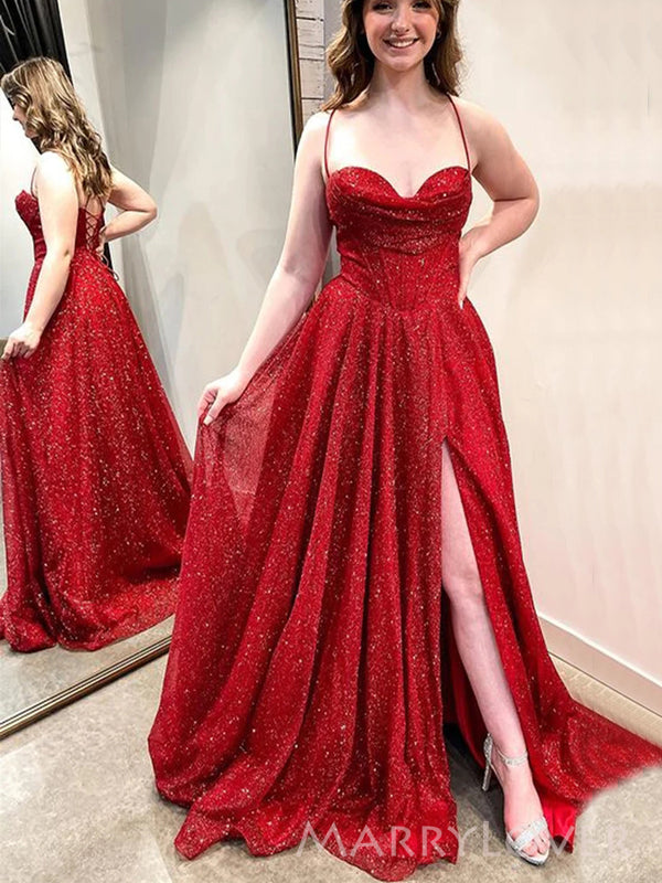Sweetheart Red Sparkly Spaghetti Straps Long Evening Prom Dresses, A-line Side Slit Prom Dress, MR8962