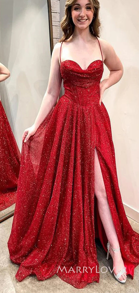 Sweetheart Red Sparkly Spaghetti Straps Long Evening Prom Dresses, A-line Side Slit Prom Dress, MR8962