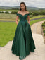 Off Shoulder Green Satin Appliques A-line Long Evening Prom Dresses, MR8965