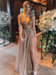 Deep V-neck Tulle Beaded Long Evening Prom Dresses, A-line Side Slit Prom Dress, MR8967
