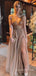 Deep V-neck Tulle Beaded Long Evening Prom Dresses, A-line Side Slit Prom Dress, MR8967