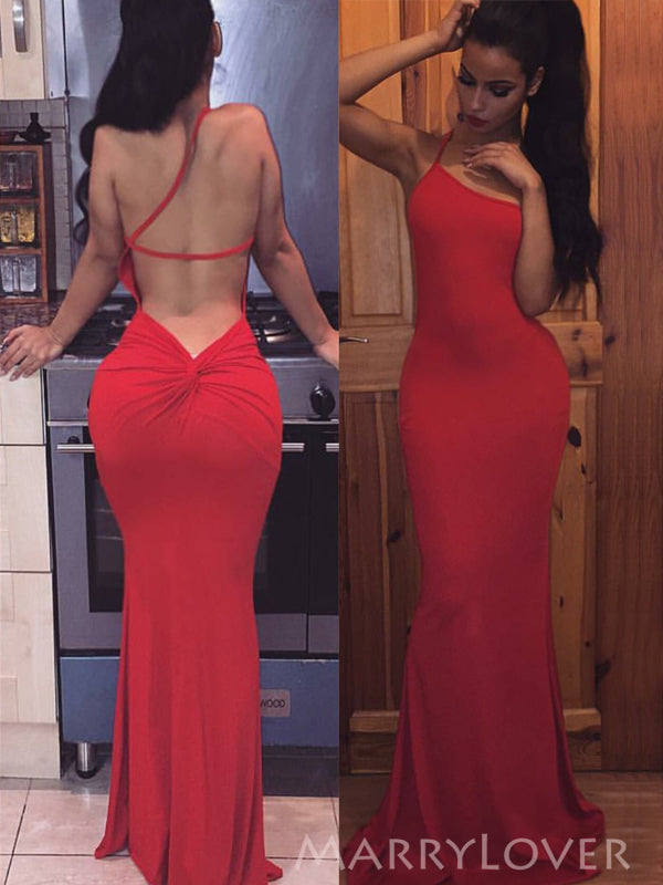 One Shoulder Sheath Mermaid Red Backless Long Evening Prom Dresses, MR8971