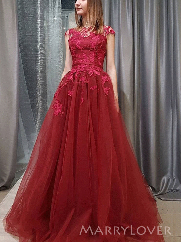 Red Tulle Appliques Formal Long Evening Prom Dresses, A-line Prom Dress, MR8974