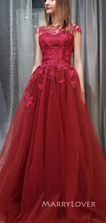 Red Tulle Appliques Formal Long Evening Prom Dresses, A-line Prom Dress, MR8974