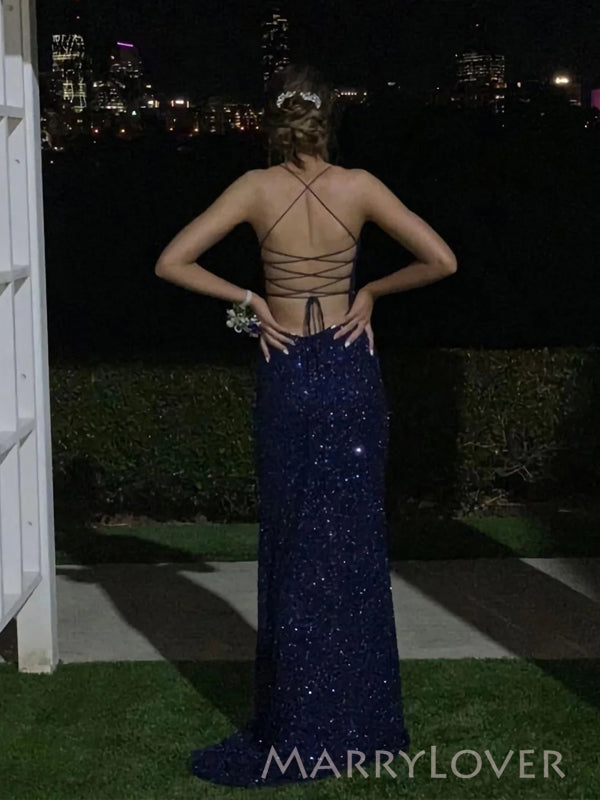 Spaghetti Straps Blue Sequins Side Slit Long Evening Prom Dresses, Mermaid Prom Dress, MR8977