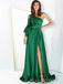 Emerald Green Satin A-line Side Slit Long Evening Prom Dresses, Long Sleeves Prom Dress, MR8981