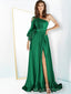 Emerald Green Satin A-line Side Slit Long Evening Prom Dresses, Long Sleeves Prom Dress, MR8981