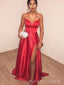 Red Satin A-line Spaghetti Straps Long Evening Prom Dresses, High Slit Prom Dress, MR8989