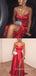 Red Satin A-line Spaghetti Straps Long Evening Prom Dresses, High Slit Prom Dress, MR8989