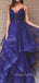 Spaghetti Straps Blue Sparkly V-neck Long Evening Prom Dresses, A-line Prom Dress, MR8993