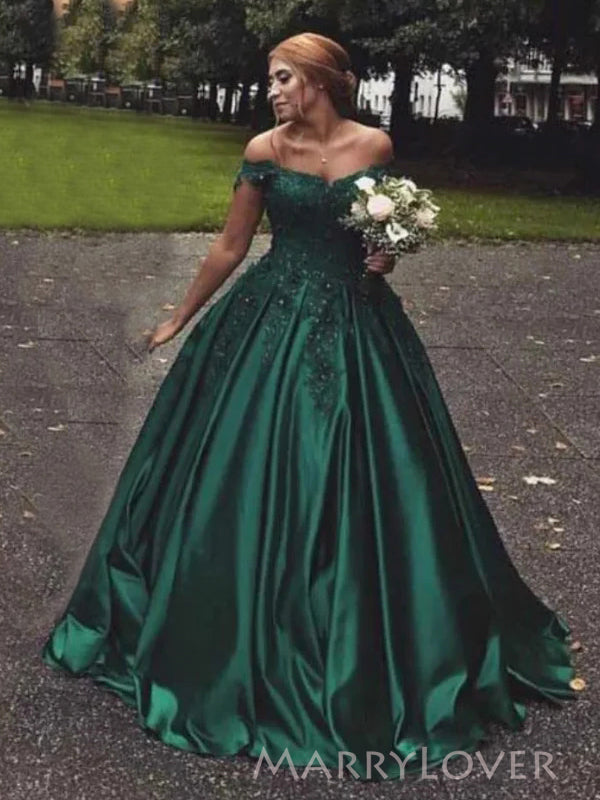 A-line Green Satin Appliques Long Evening Prom Dresses, Off Shoulder Prom Dress, MR8994