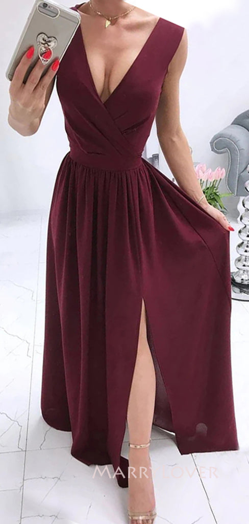 A-line Burgundy Side Slit Long Evening Prom Dresses, Deep V-neck Prom Dress, MR8995