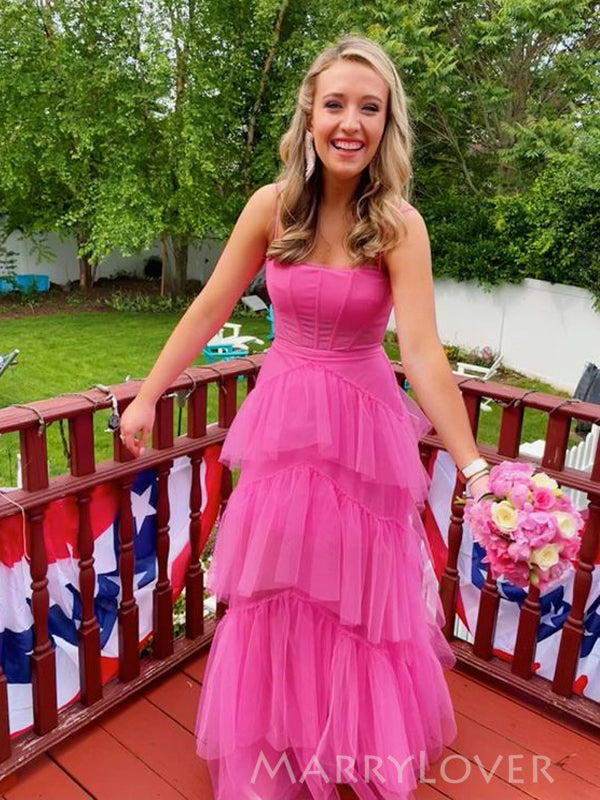 A-line Hot Pink Tulle Long Evening Prom Dresses, Spaghetti Straps Prom Dress, MR8996