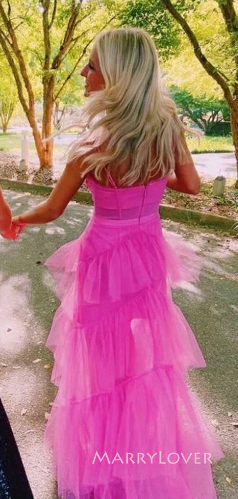 A-line Hot Pink Tulle Long Evening Prom Dresses, Spaghetti Straps Prom Dress, MR8996