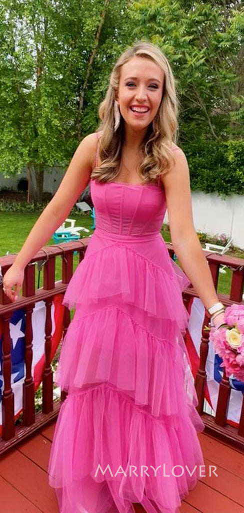 A-line Hot Pink Tulle Long Evening Prom Dresses, Spaghetti Straps Prom Dress, MR8996