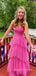 A-line Hot Pink Tulle Long Evening Prom Dresses, Spaghetti Straps Prom Dress, MR8996