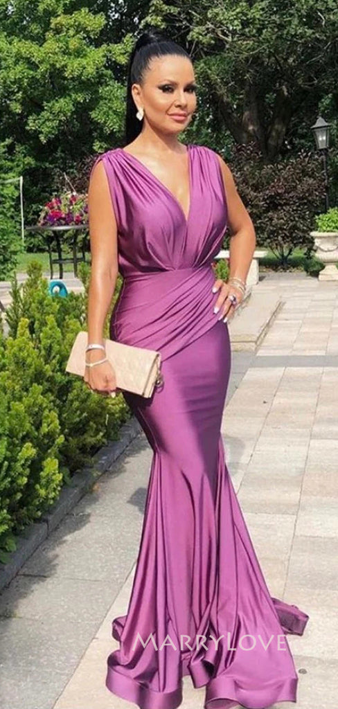 Purple Satin V-neck Mermaid Long Evening Prom Dresses, MR9003