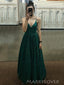 Spaghetti Straps Sparkly A-line Long Evening Prom Dresses, V-neck Green Prom Dress, MR9004