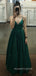 Spaghetti Straps Sparkly A-line Long Evening Prom Dresses, V-neck Green Prom Dress, MR9004
