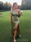 One Shoulder Sage Green Satin Mermaid Long Evening Prom Dresses, High Slit Prom Dress, MR9005