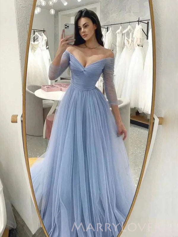 Off Shoulder Blue Tulle A-line Long Evening Prom Dresses, Long Sleeves Prom Dress, MR9007