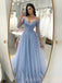 Off Shoulder Blue Tulle A-line Long Evening Prom Dresses, Long Sleeves Prom Dress, MR9007