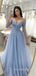 Off Shoulder Blue Tulle A-line Long Evening Prom Dresses, Long Sleeves Prom Dress, MR9007