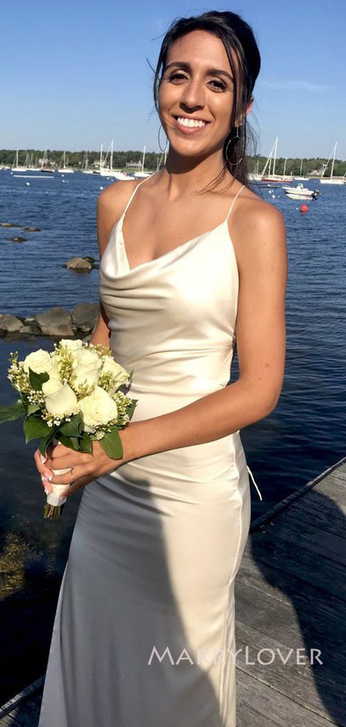 Formal Ivory Satin Mermaid Long Evening Prom Dresses, Spaghetti Straps Wedding Dress, MR9009