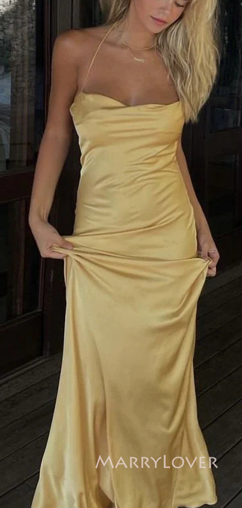 Spaghetti Straps Yellow Satin Mermaid Long Evening Prom Dresses, Simple Prom Dress, MR9012