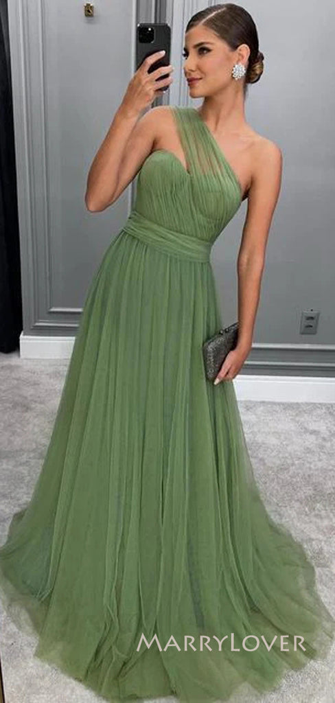 A-line Green Tulle Long Evening Prom Dresses, One Shoulder Prom Dress, MR9015