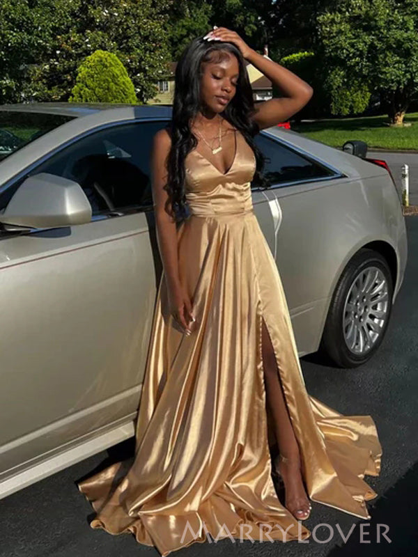 A-line Satin Spaghetti Straps Long Evening Prom Dresses, V-neck Prom Dress, MR9022