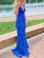 Mermaid Blue Lace Spaghetti Straps Long Evening Prom Dresses, V-neck Prom Dress, MR9023