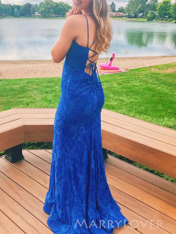 Mermaid Blue Lace Spaghetti Straps Long Evening Prom Dresses, V-neck Prom Dress, MR9023