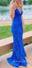 Mermaid Blue Lace Spaghetti Straps Long Evening Prom Dresses, V-neck Prom Dress, MR9023