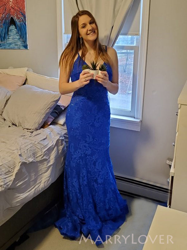 Formal Blue Lace V-neck Long Evening Prom Dresses, Mermaid Prom Dress, MR9024