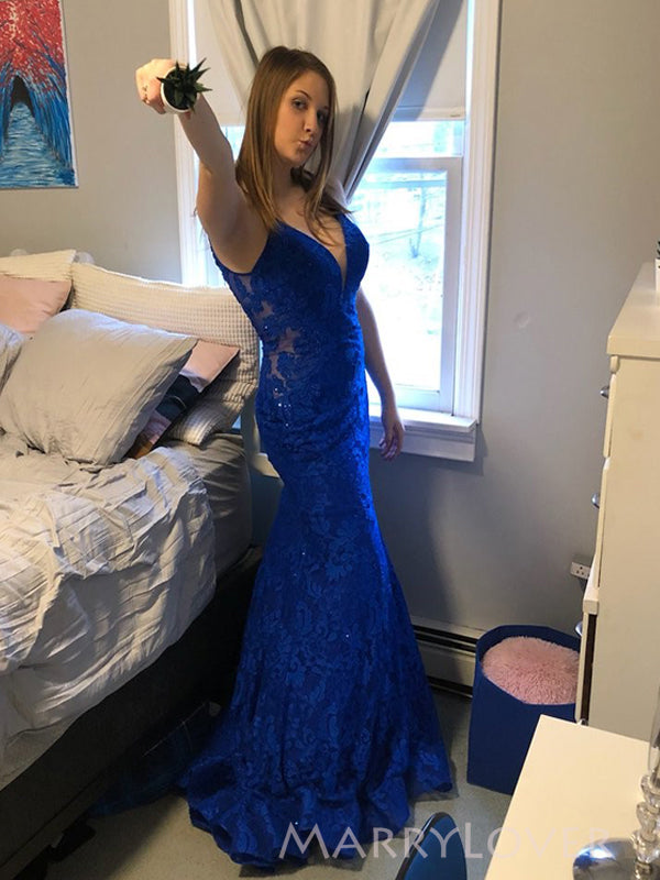 Formal Blue Lace V-neck Long Evening Prom Dresses, Mermaid Prom Dress, MR9024