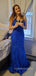 Formal Blue Lace V-neck Long Evening Prom Dresses, Mermaid Prom Dress, MR9024
