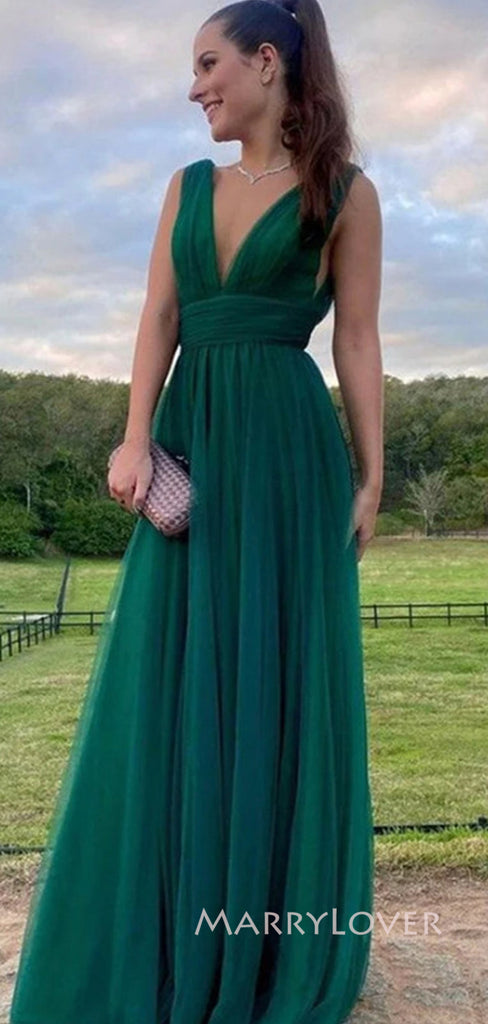 Deep V-neck Green A-line Long Evening Prom Dresses, MR9027