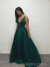 A-line Green Satin Sparkly Long Evening Prom Dresses, V-neck Prom Dress, MR9030