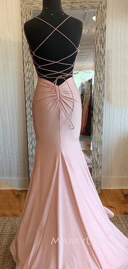 Mermaid Pink Satin Spaghetti Straps Long Evening Prom Dresses, Formal V-neck Prom Dress, MR9032