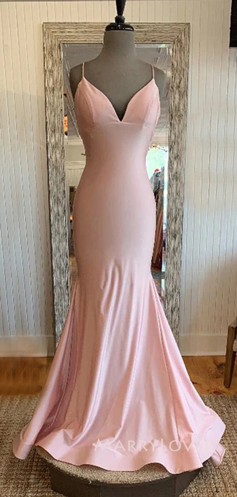 Mermaid Pink Satin Spaghetti Straps Long Evening Prom Dresses, Formal V-neck Prom Dress, MR9032